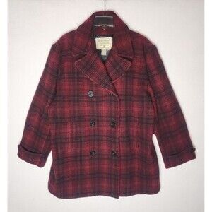 Vintage Eddie Bauer Red Black Wool Blend Plaid Pea Coat 93502 Womens Size XL